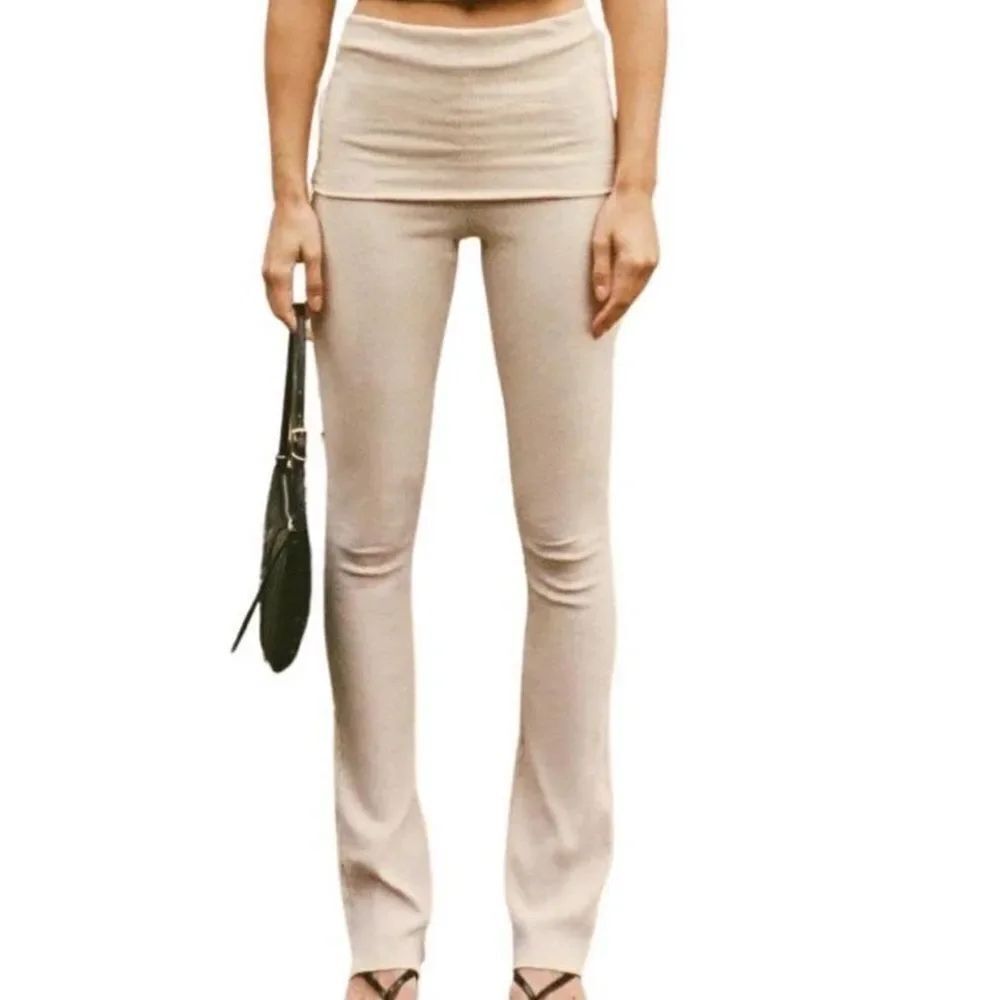 Zara Beige Fold over Ribbed Flared Stretchy Cotton Blend Leggings(Size Small)